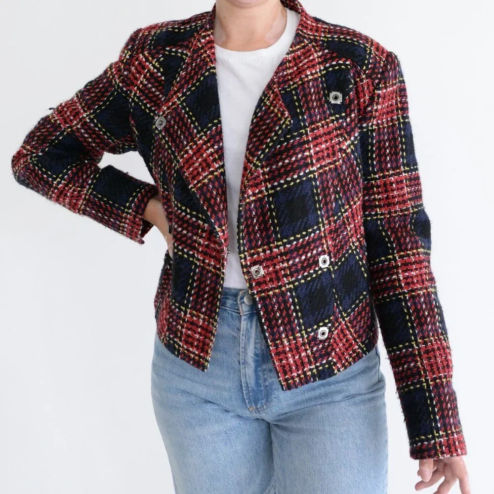 Riani Red Black Checker Plaid Cross Knit Tweed Snap Button Crop Blazer 10